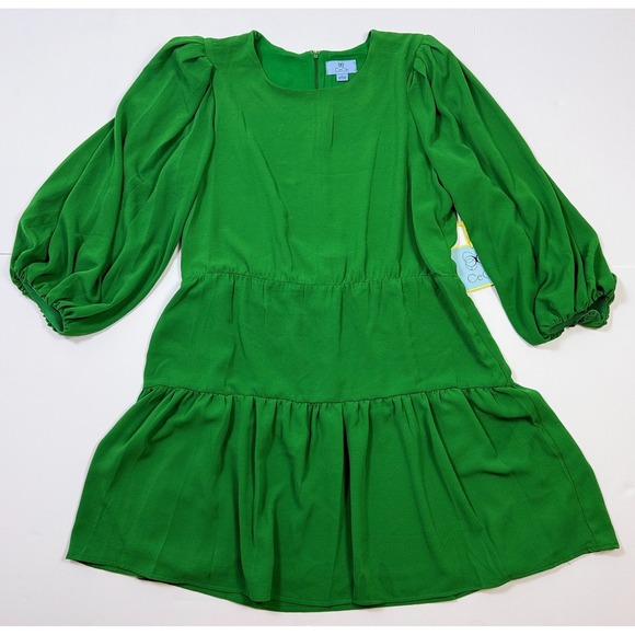 CeCe Dresses & Skirts - CeCe Green Puff‎ Sleeve Tiered Short Dress Size Large Lined Crepe Textured NWI